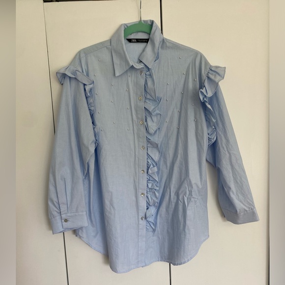 Zara Sky Blue Ruffle Button Up Blouse With Pearls - Picture 3 of 7